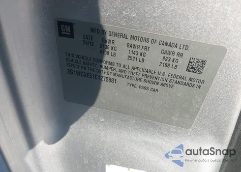 2012 Chevrolet Impala Ltz из США, поврежденный, VIN 2G1WC5E31C1275881